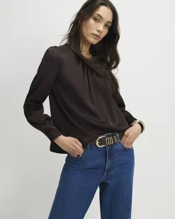 Brown Satin Long Sleeve Pleat Front Blouse