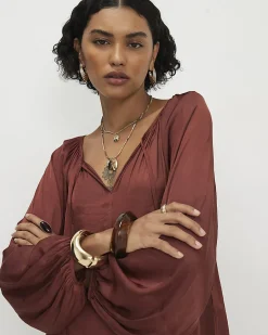 Brown Satin Notch Neck Top