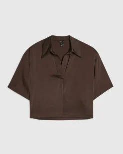 Brown Satin Short Sleeve Polo Top