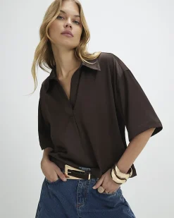 Brown Satin Short Sleeve Polo Top