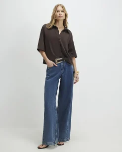 Brown Satin Short Sleeve Polo Top