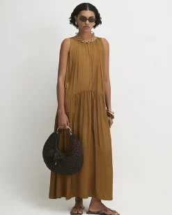 Brown Satin Sleeveless Halter Midi Dress