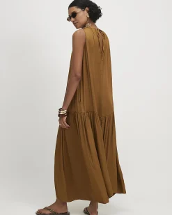 Brown Satin Sleeveless Halter Midi Dress