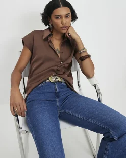 Brown Satin Sleeveless Shirt