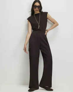 Brown Satin Wide Leg Cargo Trousers