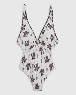 Brown Shirred Palm Print Swimsuit