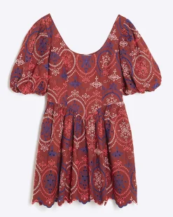Brown Short Puff Sleeve Cutwork Mini Dress