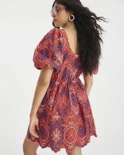 Brown Short Puff Sleeve Cutwork Mini Dress