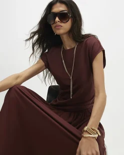 Brown Short Sleeve Asymmetric Hem Top