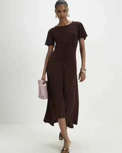 Brown Short Sleeve Cinched Waist Midi Dress