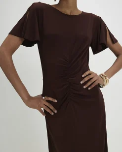 Brown Short Sleeve Cinched Waist Midi Dress