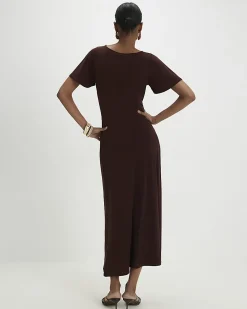 Brown Short Sleeve Cinched Waist Midi Dress