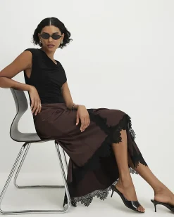 Brown Short Sleeve Lace Hybrid Maxi Dress