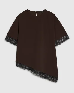 Brown Short Sleeve Lace Trim Asymmetric Top