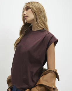 Brown Short Sleeve Pleat Shoulder T-shirt