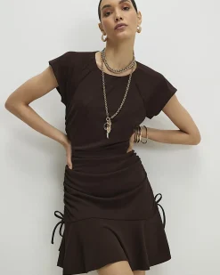 Brown Short Sleeve Ruched Mini Dress