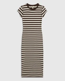 Brown Short Sleeve Striped Ribbed Midi Dress