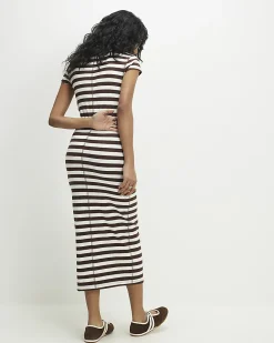 Brown Short Sleeve Striped Ribbed Midi Dress