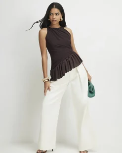 Brown Sleeveless Bubble Hem Top