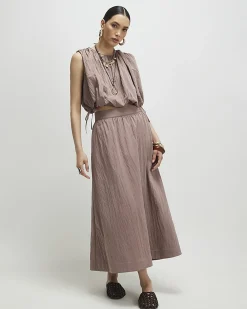 Brown Sleeveless Bubble Hem Top