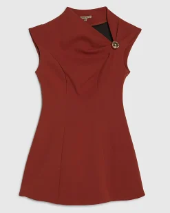 Brown Sleeveless Draped Neck Mini Dress