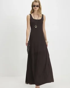 Brown Sleeveless Mesh Maxi Dress
