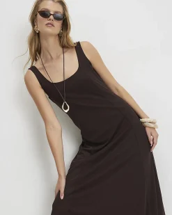 Brown Sleeveless Mesh Maxi Dress