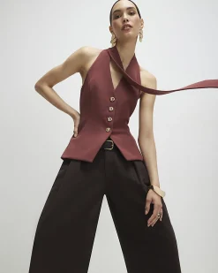 Brown Sleeveless Scarf Neck Waistcoat