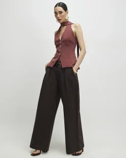 Brown Sleeveless Scarf Neck Waistcoat