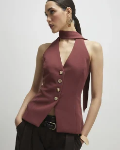 Brown Sleeveless Scarf Neck Waistcoat