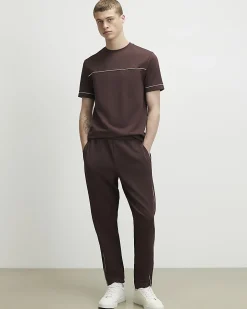 Brown Slim Fit Piped Textured T-Shirt