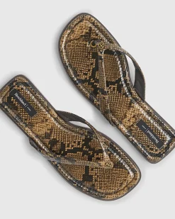 Brown Snake Print Toe Thong Flat Sandal
