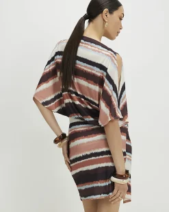 Brown Stripe Cold Shoulder Mini Dress