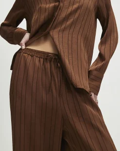 Brown Striped Satin Wide Leg Trousers