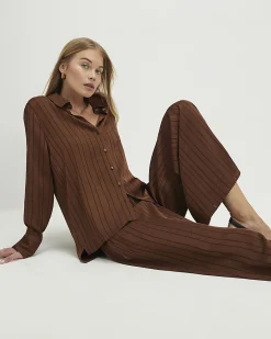 Brown Striped Satin Wide Leg Trousers
