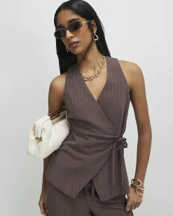 Brown Striped Soft Tie Front Top