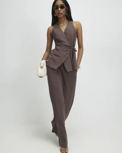 Brown Striped Soft Tie Front Top