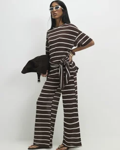 Brown Striped Textured Knot Front Top