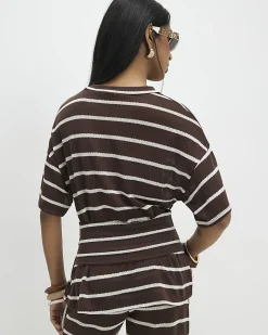 Brown Striped Textured Knot Front Top