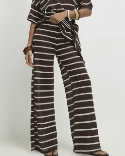 Brown Striped Textured Wide Leg Trousers