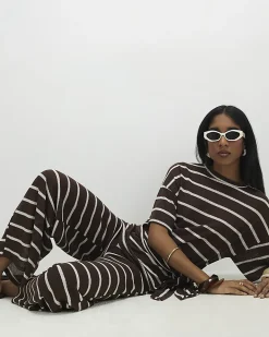 Brown Striped Textured Wide Leg Trousers