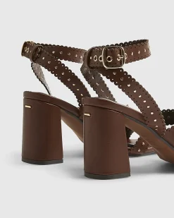 Brown Studded Scallop Edge Block Heel Sandals