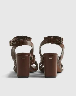Brown Studded Scallop Edge Block Heel Sandals
