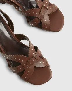 Brown Studded Scallop Edge Block Heel Sandals