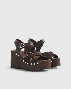 Brown Suede Clog Wedge Sandals