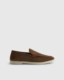 Brown Suede Woven Loafers