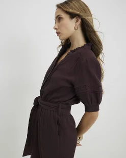 Brown Textured Wide Leg Jumpsuit