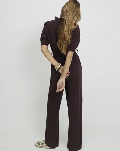 Brown Textured Wide Leg Jumpsuit