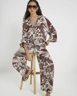 Brown Tropical Print Beach Trousers