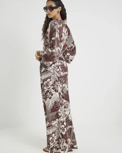 Brown Tropical Print Beach Trousers